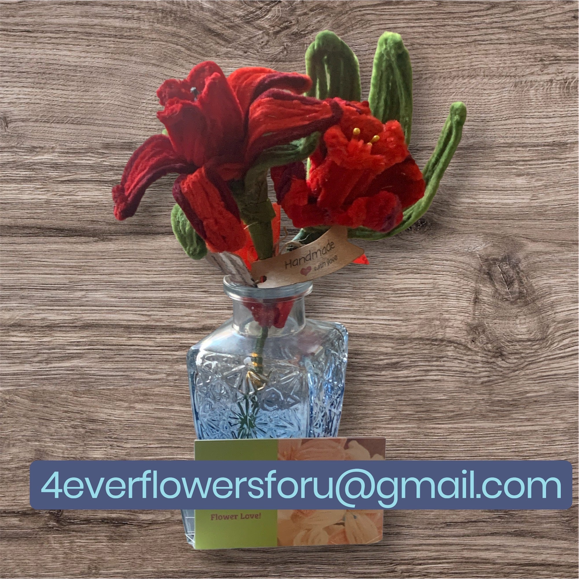Cherry Red Amaryllis Flowers Bouquet with large green leaves