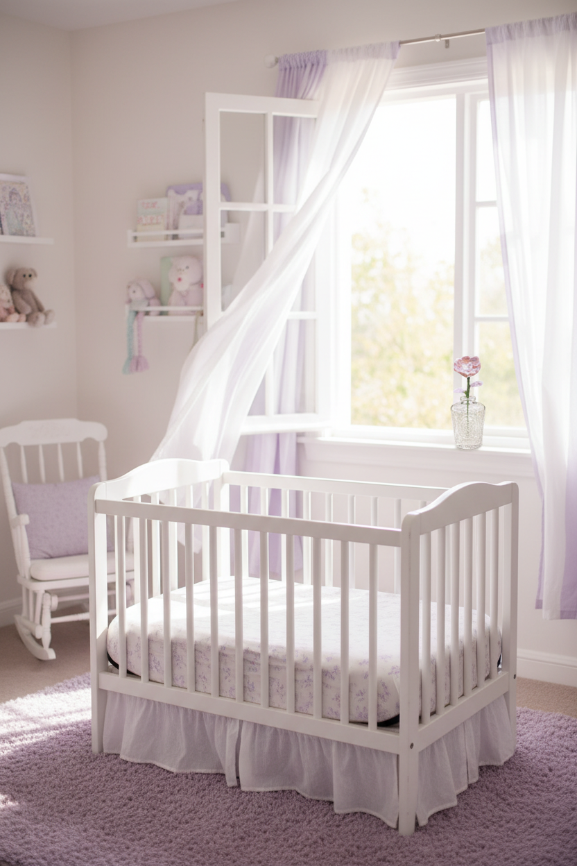 Blush Bloom — baby nursery windowsill with curtains