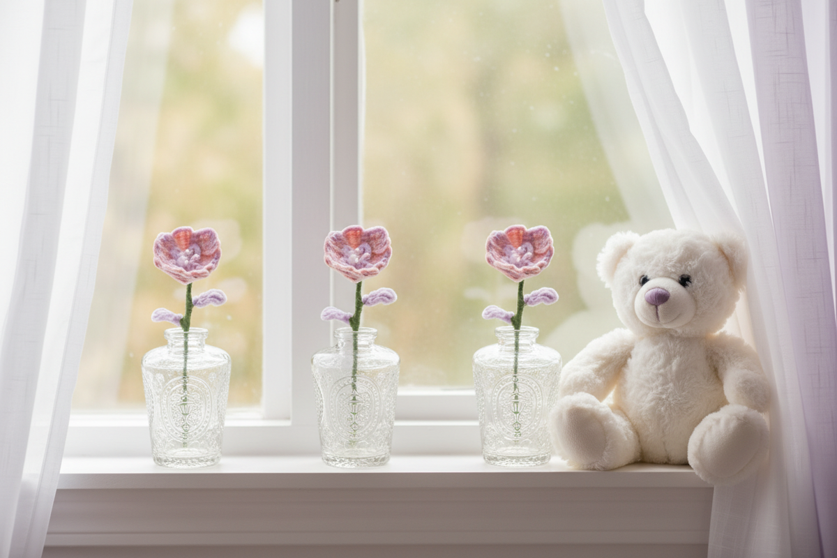 Blush Bloom — close-up nursery windowsill with teddy bear