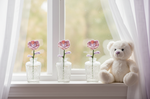 Blush Bloom — close-up nursery windowsill with teddy bear
