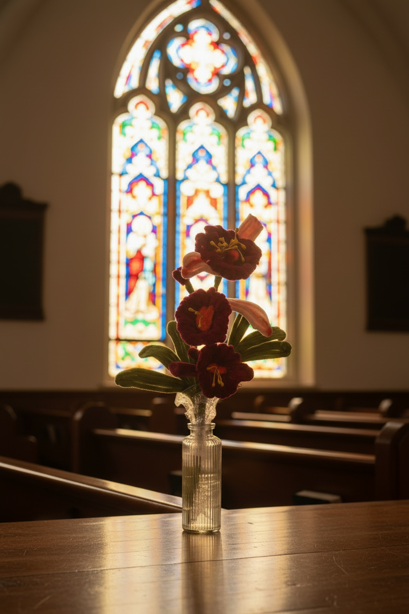 Cherry Red Amaryllis — in front of church pew