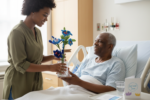 Everlasting Blue — daughter gifting flowers to father in hospital